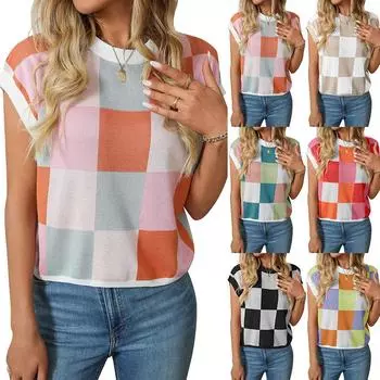 2025 летняя шапка рукав открытый пупок короткий рукав цветной блок круглый вырез вязаный шахматный короткий рукав короткий S