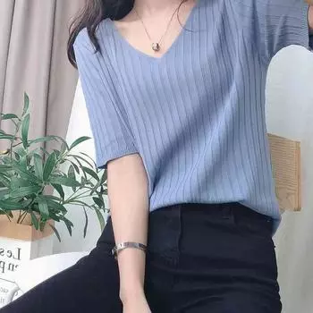 2025 Летняя трикотажная футболка Ice Silk с V-образным вырезом для женщин, новая повседневная простая футболка с коротким рукавом, тонкая однотонная свободная футболка для женщин, базовая футболка 3102 One Size синий