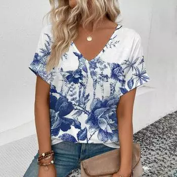2025 Летняя удобная футболка для отдыха Женская элегантная футболка с V-образным вырезом Модная синяя футболка с цветочным принтом Футболка большого размера S