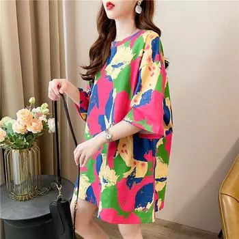 2025 летняя винтажная футболка с принтом тай-дай, подходящая по цвету, модные женские футболки большого размера, длинные женские топы Y2k, уличная одежда Харадзюку M