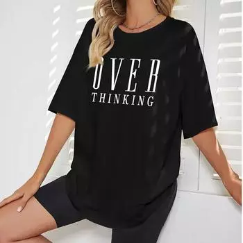 2025 Летняя женская черная футболка с буквенным принтом Винтажные повседневные свободные футболки с графическим принтом Большие размеры Топы Y2k Модная женская футболка Уличная одежда Harajuku S чёрный