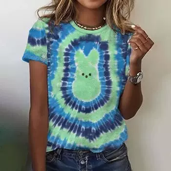 2025 Летняя женская футболка с принтом тай-дай, модная повседневная женская летняя одежда с коротким рукавом и круглым вырезом XXS