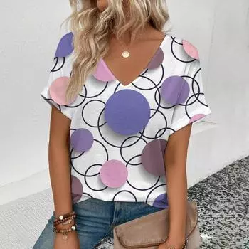 2025 Летняя женская футболка с V-образным вырезом, модная футболка с принтом в виде точек в стиле ретро, элегантная женская футболка с коротким рукавом для отдыха S