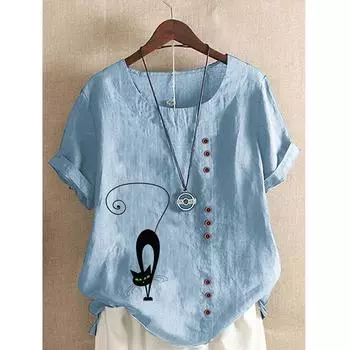 2025 Летняя женская мода с принтом кошек, короткий рукав, круглый вырез, блузка, женские льняные топы на пуговицах, свободные футболки, большие размеры XS светло-фиолетовый