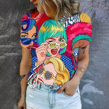 2025 Летняя женская модная футболка Art Girl Painting O-Neck Tops Tees Женская стильная одежда с коротким рукавом Женская повседневная одежда XXS