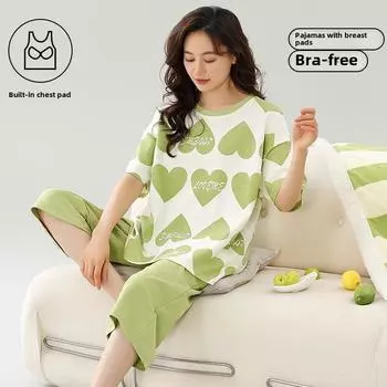 2025 летняя женская пижама с нагрудником, мягкие свободные топы с коротким рукавом и брюки-капри, две части, одежда для сна, нижнее белье, домашняя одежда M