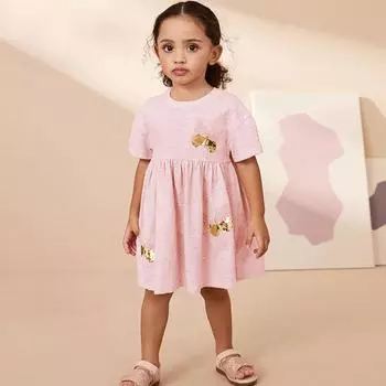 2025 лето 100% хлопок бабочка вышивка пайетки платье принцессы для девочки короткий рукав свободная юбка милые розовые платья для девочек детская одежда 2Y