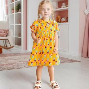 2025 лето 100% хлопок цветочный принт повседневное платье для куклы воротник короткий рукав свободная юбка милые желтые платья для девочек детская одежда 2Y