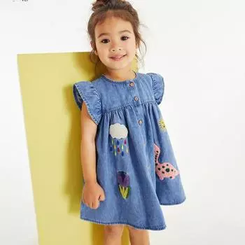 2025 лето 100% хлопок мультфильм вышивка ковбой платье для девочки листья лотоса рукав повседневная свободная джинсовая юбка милые платья для девочек детская одежда 2Y
