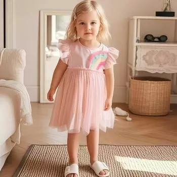 2025 лето 100% хлопок сетка сращивание принцесса платье для девочки листья лотоса рукава свободная юбка милые розовые платья для девочек детская одежда 2Y