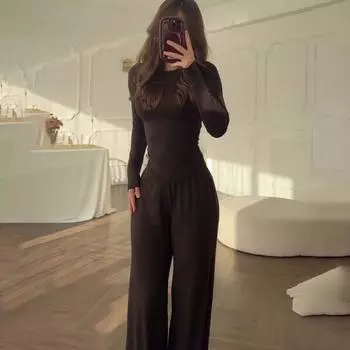 2025 Лето Европейская и американская женская одежда Новая мода круглый вырез Слим Повседневный Легче всего сочетать Свободный Эластичный Свободный Костюм из брюк Женский Maroon (Long sleeves) XXXL