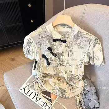 2025 лето и летний приталенный топ с рукавами-пузырями, улучшенный ципао, рубашка на кулиске с принтом бамбуковых листьев, женская M [Recommended below 50kg]