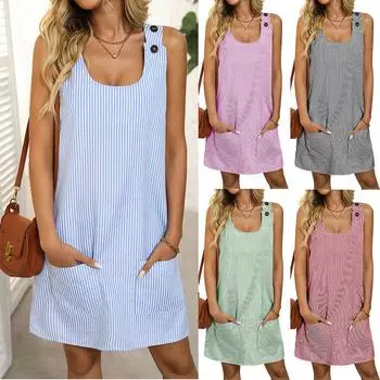 2025 Лето Independent Station Новое Повседневное Платье с Круглым Вырезом Карманы Полосатые Пуговицы Ремень S синий