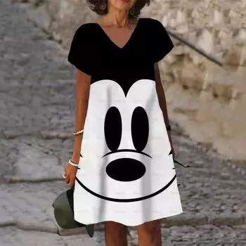 2025 Лето Элегантное Женское Платье Disney Minnie Mickey Mouse Printed Dress V Neck Женское Короткие Рукава Длина До Колена Новое Дизайнерское Платье S