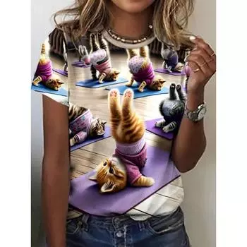 2025 Лето Круглый вырез Женская футболка с коротким рукавом 3D-принтованный мультяшный узор Повседневный дизайн Harajuku Футболка XXS