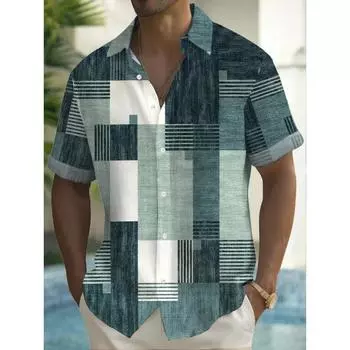 2025 Лето Мужская 3D Печатная Геометрическая Художественная Графическая Рубашка Гавайские Повседневные Рубашки Застежка С Коротким Рукавом Рубашки Без Карманов S
