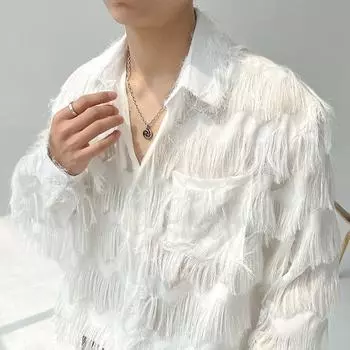 2025 Лето Мужская Черная Белая Уличная Хип-Хоп Рубашка Мужская Кисточки Вечеринка Ночной Клуб Мужская Длинные Рукава Ажурная Блузка M чёрный