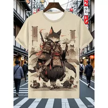 2025 Лето Мужская футболка Красивый Кот Воин 3D-принт Повседневная Мода Уличный Топ Японский Стиль Свободный S