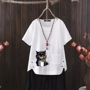 2025 Лето Новая Футболка Повседневная Женская Футболка Из Хлопка И Конопли С V-образным Вырезом и Принтом Кошки S белый