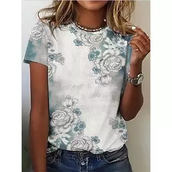2025 Лето Новая Футболка с цветочной лоскутной 3D-печатью Круглый вырез Базовая Большой размер Короткий рукав Топ Радужная женская футболка XS