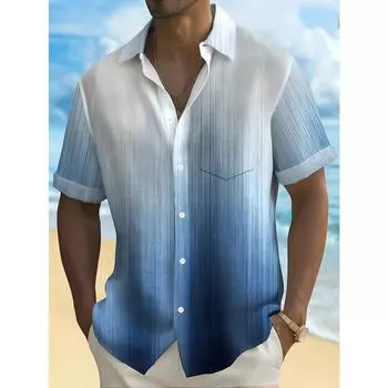 2025 Лето Новая Гавайи Градиент Мужская Рубашка с Карманом На Пуговицах Короткий Рукав S