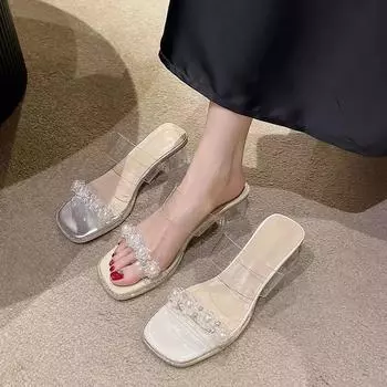 2025 лето новая корейская версия квадратная голова жемчужный цветок кристалл толстый каблук крутые тапочки с прозрачными крутые тапочки женские 35