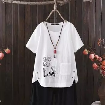 2025 Лето Новая мультяшная льняная футболка с V-образным вырезом и принтом панды | Милая и дышащая S белый