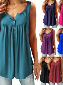 2025 лето новая однотонная плиссированная женская повседневная футболка без рукавов средней длины жилет на пуговицах S