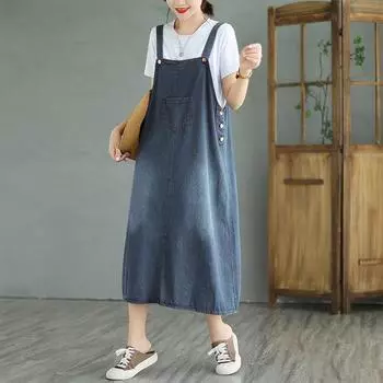 2025 лето новая ретро ветрозащитная старая хлопковая джинсовая юбка на бретелях с разрезом вилка средняя и длинная юбка M