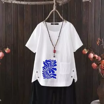 2025 Лето Новая скандинавская футболка с V-образным вырезом из хлопка и конопли - Легкая и модная S белый