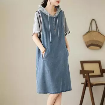 2025 лето новая средняя и длинная прямая юбка свободная и тонкая сшитая с капюшоном свитер джинсовое платье для женщин M джинсовый синий