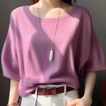 2025 Лето Новая трикотажная женская футболка с коротким рукавом, модная повседневная свободная футболка с круглым вырезом, элегантная однотонная простая футболка, женские футболки, одежда 2947 S фиолетовый
