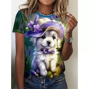 2025 Лето Новая женская футболка с 3D-цифровым принтом, креативный анималистичный узор, круглый вырез, повседневный свободный модный топ с коротким рукавом XXS