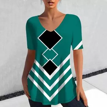 2025 Лето Новая женская модная футболка с V-образным вырезом, повседневный топ, повседневная футболка с 3D-принтом для женщин, уличная рубашка, одежда в стиле Харадзюку L