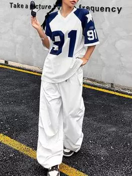 2025 Лето Новинка 91 3D Принт Футболка Для Женщин V-образный вырез Короткий рукав Сетка Спортивный Футбол Джерси Y2K Свободные Большие Топы S