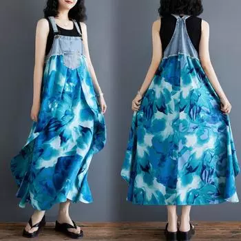 2025 лето новое гофрированное платье с оборками и листьями свободного кроя из шифона с принтом из денима с длинными бретелями для женщин M