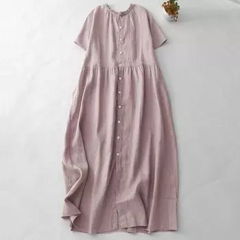 2025 лето новое хлопковое и льняное платье женское свободное ленивый стиль кружевной воротник короткий рукав средней длины рубашка-юбка M