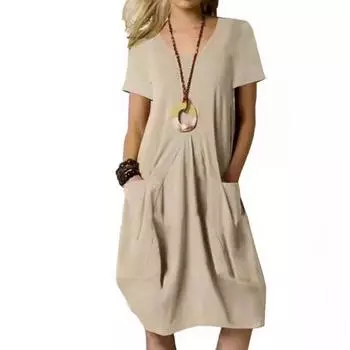 2025 лето новое хлопковое и льняное однотонное свободное платье с круглым вырезом и короткими рукавами для женщин S чёрный
