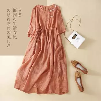 2025 лето новое хлопковое и льняное свободное платье с рукавами пять четвертей, средней и длинной круглой горловиной, вышитое женское платье M хаки