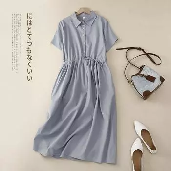 2025 лето новое хлопковое и льняное однотонное платье-рубашка юбка ретро литературный короткий рукав среднее и длинное женское платье M чёрный