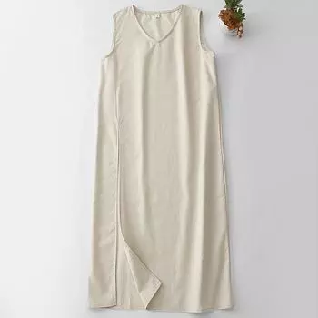 2025 лето новое однотонное платье из хлопка и льна с разрезом женское без рукавов простое с V-образным вырезом выше колена жилет юбка M абрикосовый