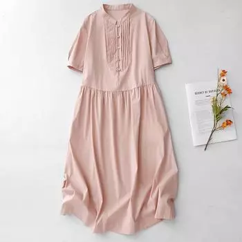 2025 лето новое платье из хлопка и льна с коротким рукавом и воротником-стойкой женское свободное и тонкое повседневное платье средней длины M розовый