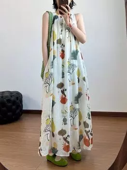 2025 лето новое платье с принтом из хлопка и льна с длинным воротником, женское свободное и тонкое праздничное классное платье средней и длинной длины M