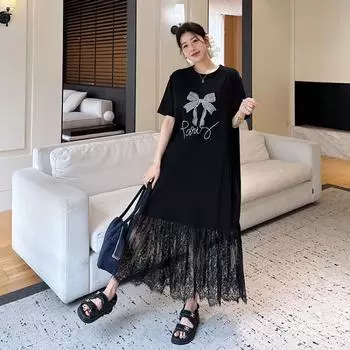 2025 Лето Новое/Плюс Размер Длинная Кружевная Юбка С Кружевными Сшивками Горячие Бисер Стразы Платье С Коротким Рукавом L темно-серого