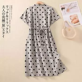 2025 лето новое ретро легкое платье средней и длинной длины с V-образным вырезом на шнуровке на талии в горошек из хлопка и льна с короткими рукавами, женское M