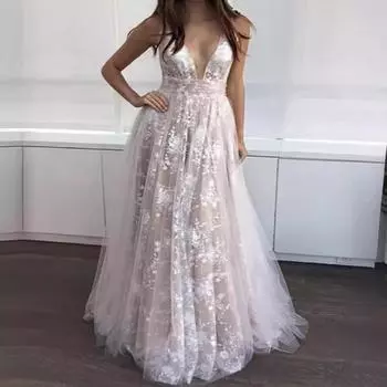 2025 лето новое сетчатое платье-халтер кружевное платье с глубоким V-образным вырезом длинное платье S абрикосовый