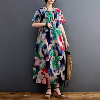 2025 лето новое свободное большое платье из хлопка и льна с принтом круглый вырез короткий рукав тонкое платье длинное женское платье M