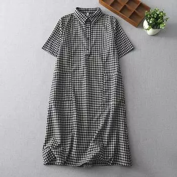 2025 лето новое свободное платье большого размера средней длины с темпераментом, повседневное, хлопково-льняное, в клетку, рубашка-юбка женская M