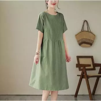 2025 лето новое свободное плиссированное платье-халат средней и длинной длины из тонкого льна M зелёный