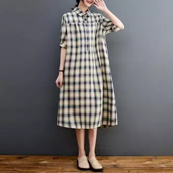 2025 лето новое свободное повседневное платье в клетку средней и длинной длины с короткими рукавами и лацканами большого размера M